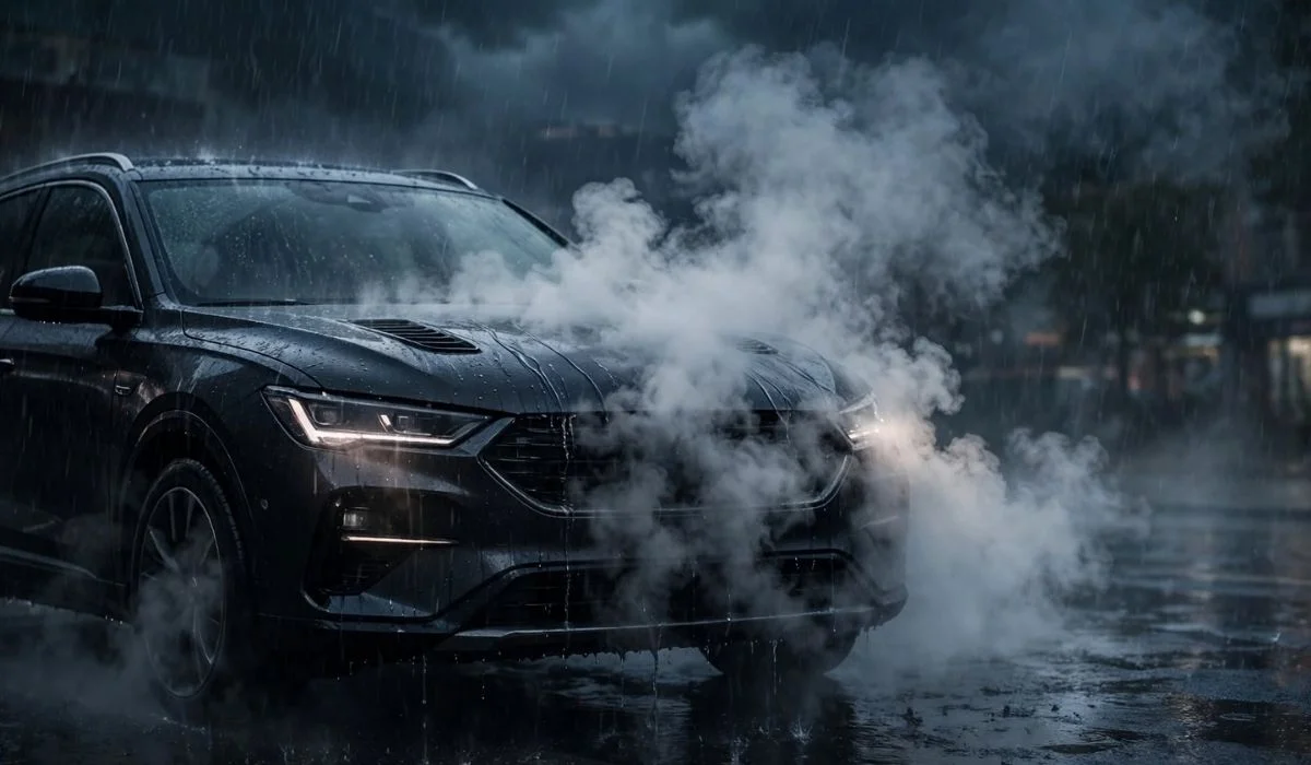 Car Steaming In The Rain